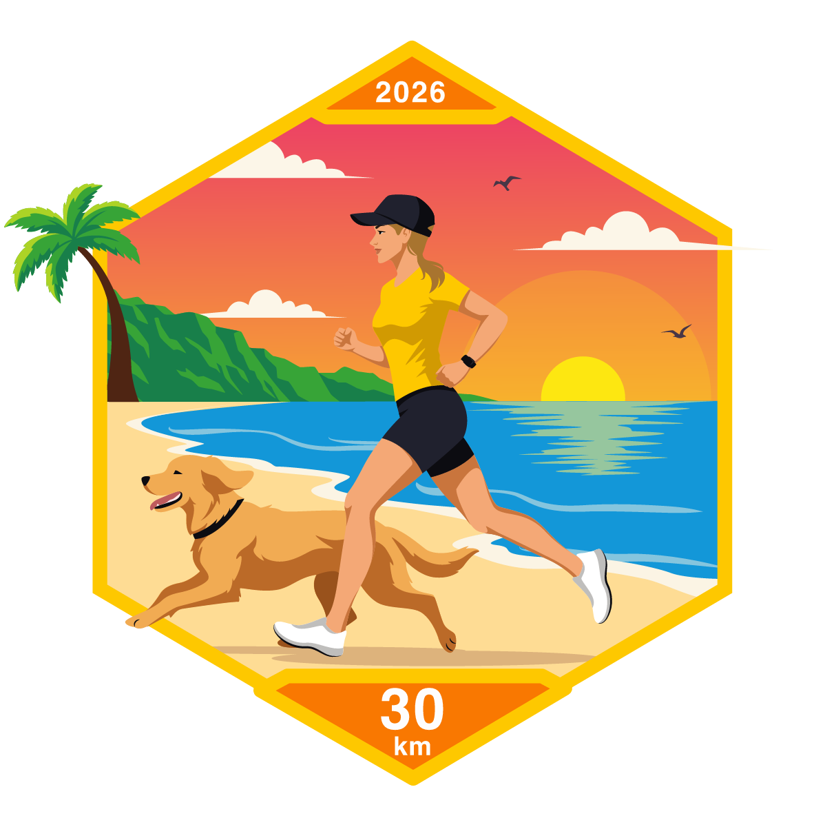 October 2026 Zoomies badge showing a woman running with her dog on a beach