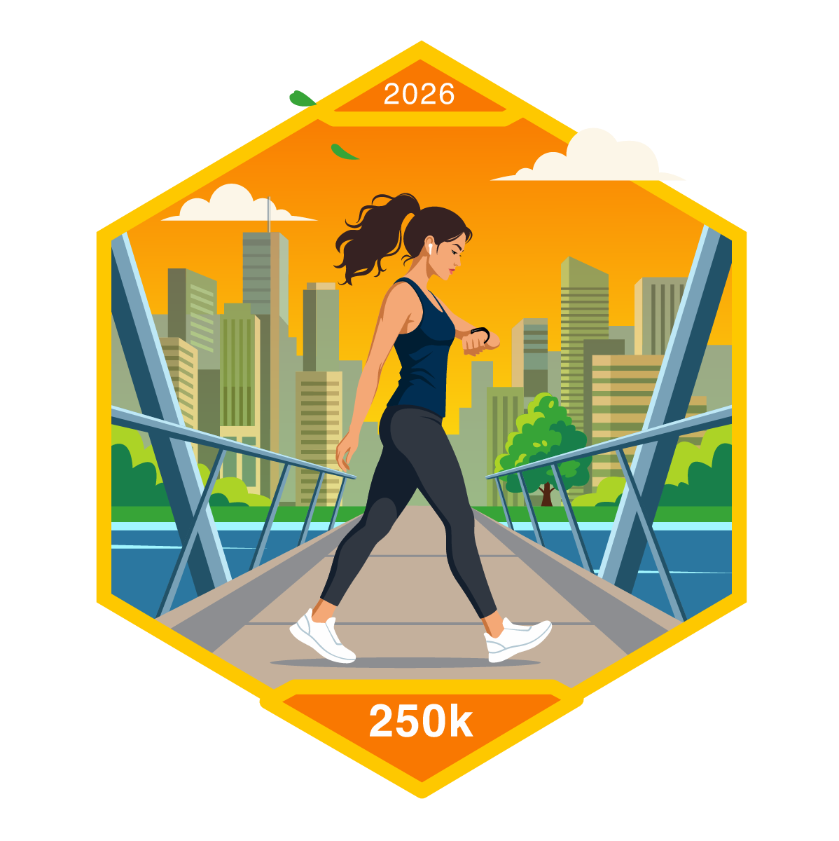 October 2026 Steps badge showing a woman walking through a city