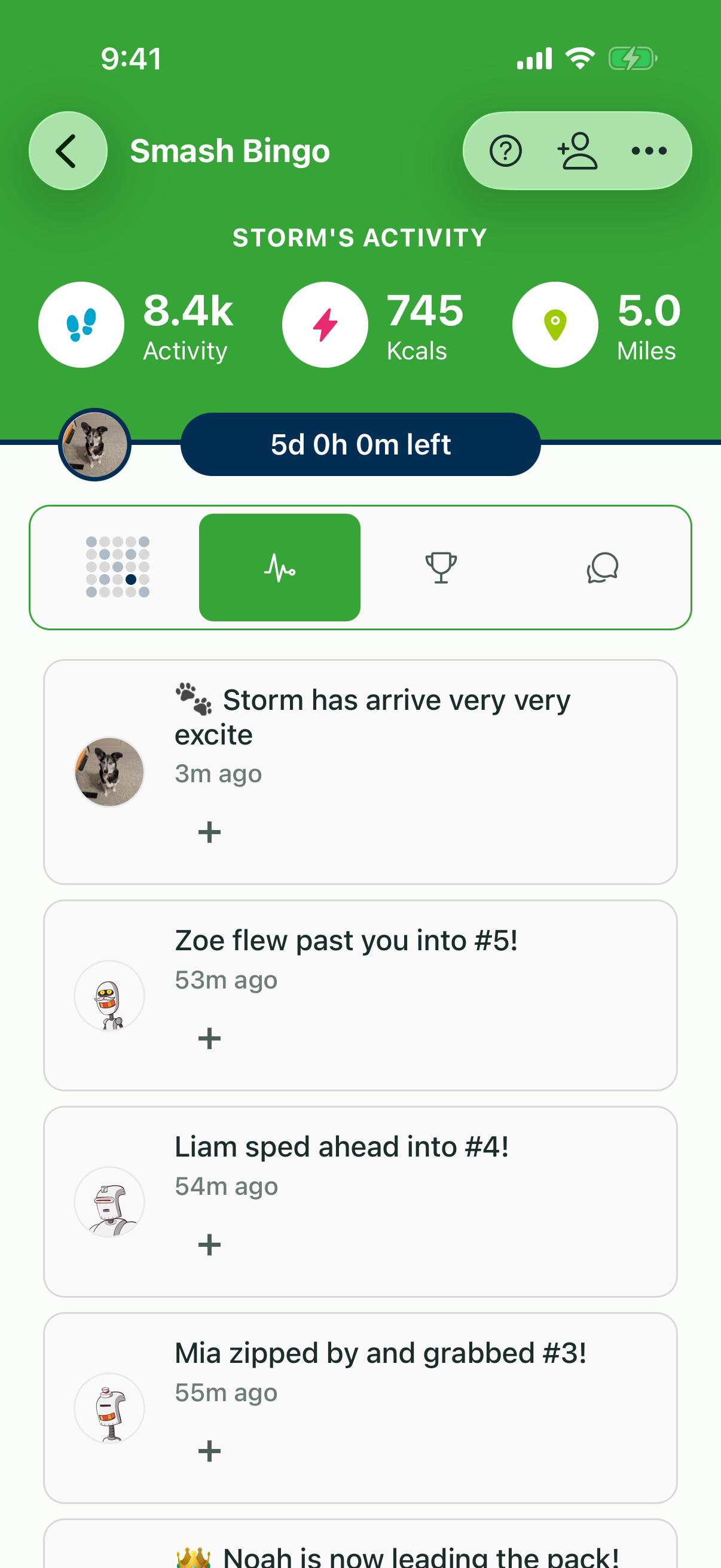 Smash Bingo activity feed showing a dog joining the game in doggo speak