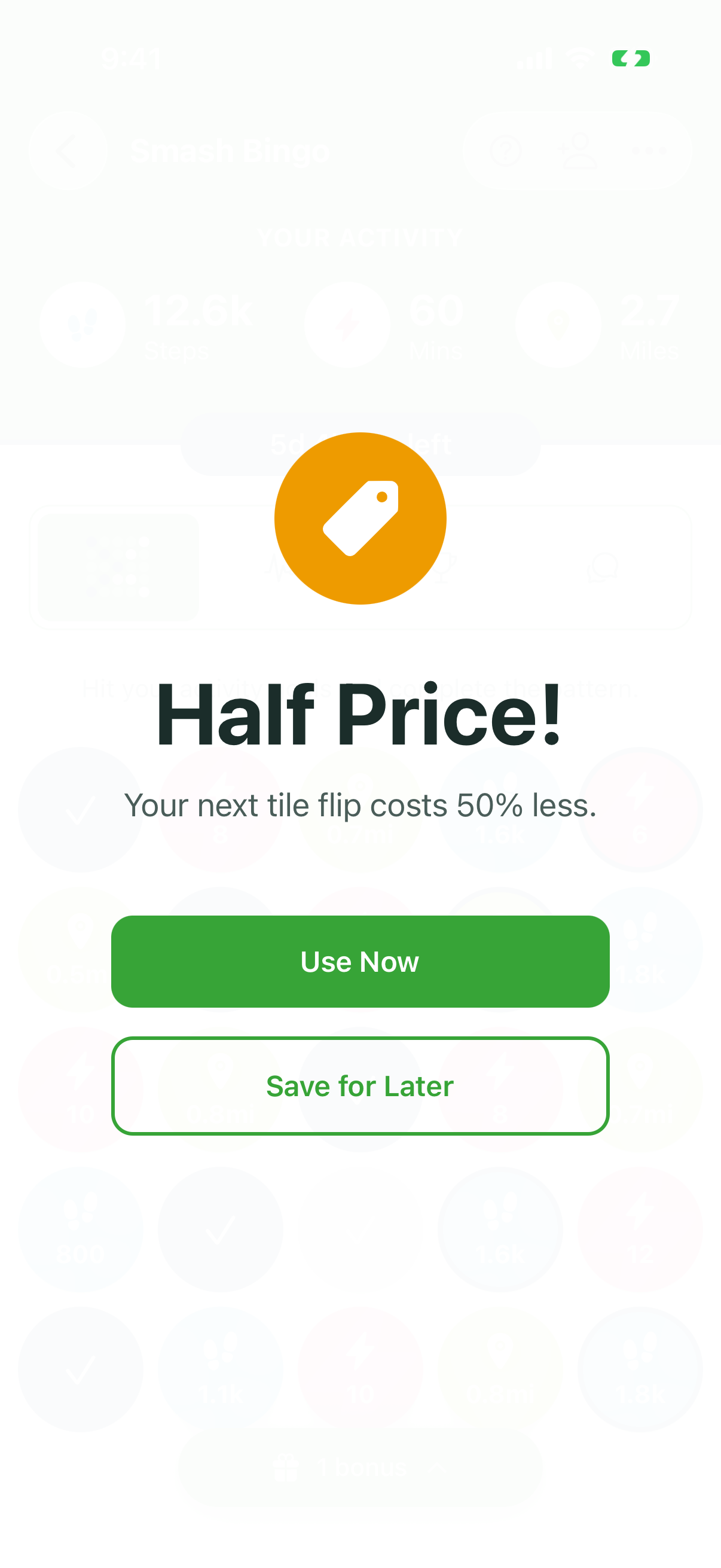 Half Price power-up screen: your next tile flip costs 50% less