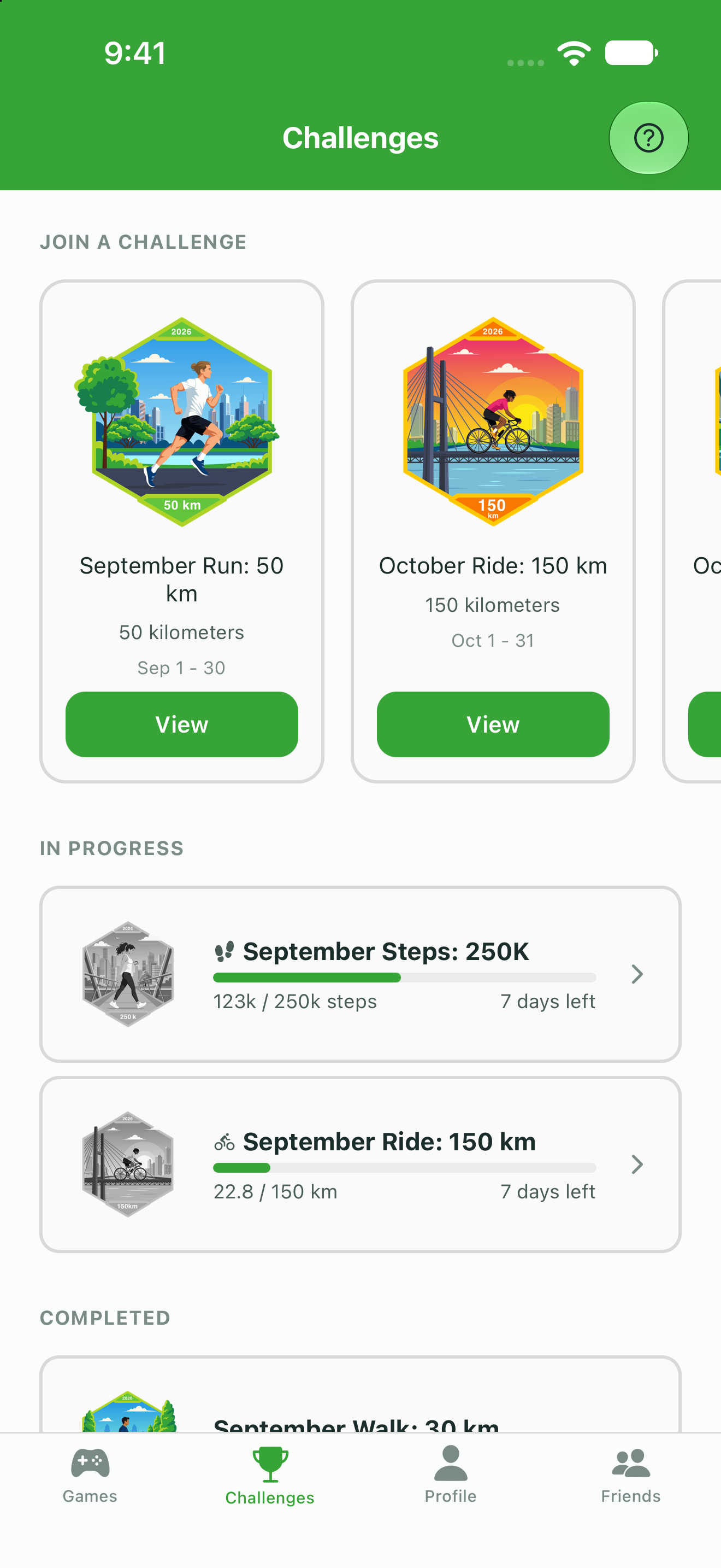 Challenges tab showing available Personal Challenges and progress on joined challenges