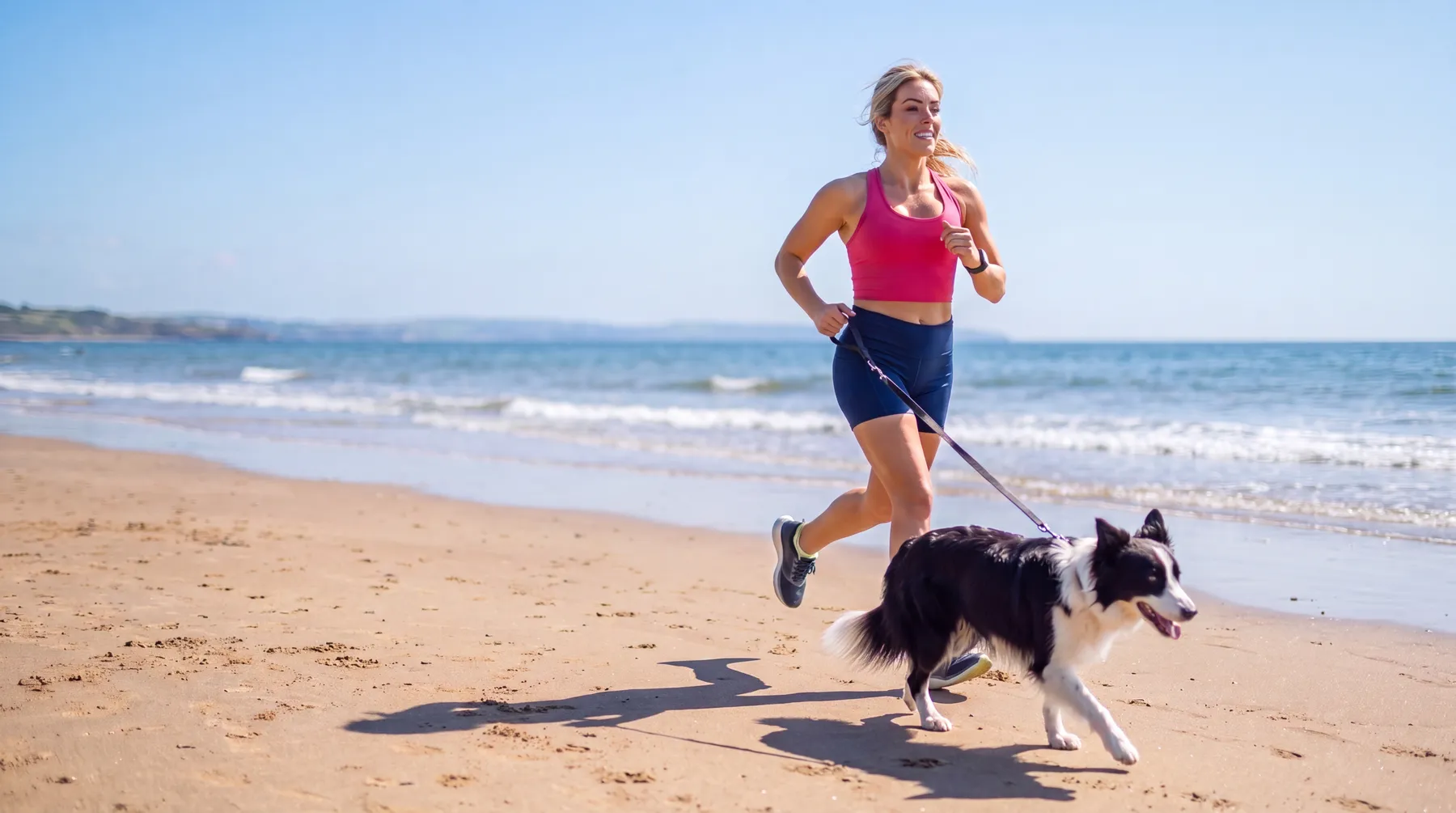 A woman running with her dog on the beach